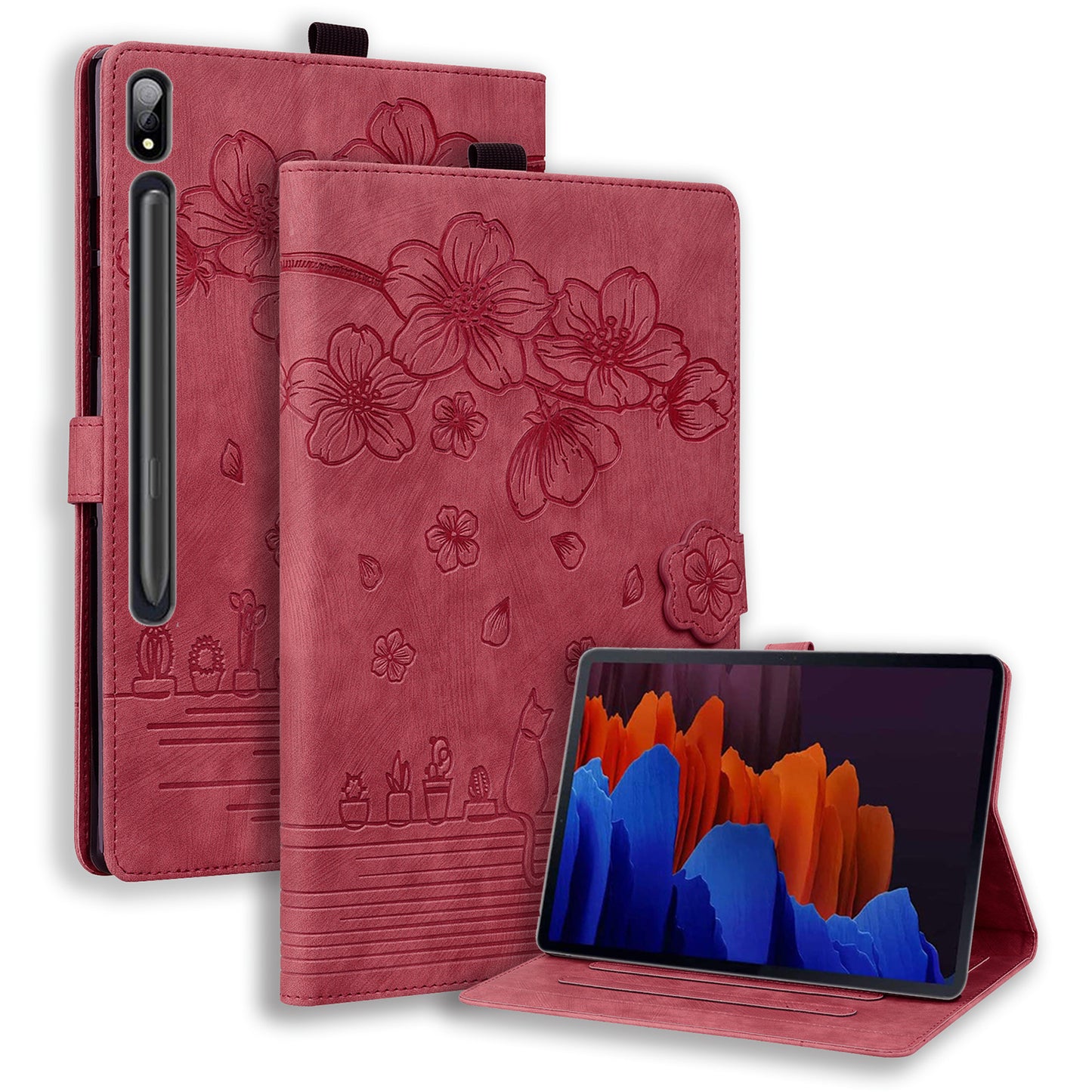 Cat Cherry Blossoms Galaxy Tab S9+ Grils Case Retro Leather Embossing Wallet Stand