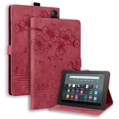 Cat Cherry Blossoms Kindle Fire HD8 (2022) Case Retro Leather Embossing Wallet Stand