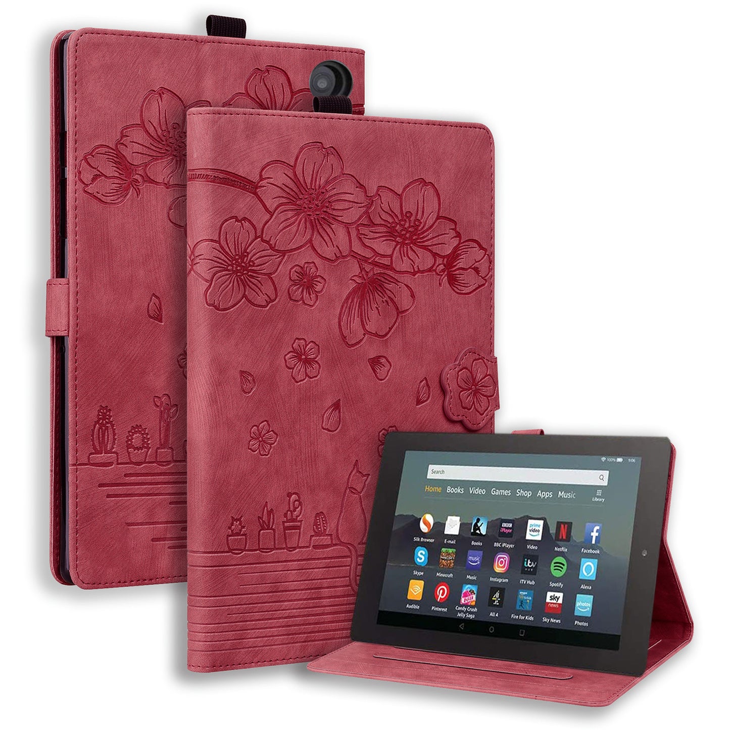 Cat Cherry Blossoms Kindle Fire HD8 (2020) Case Retro Leather Embossing Wallet Stand