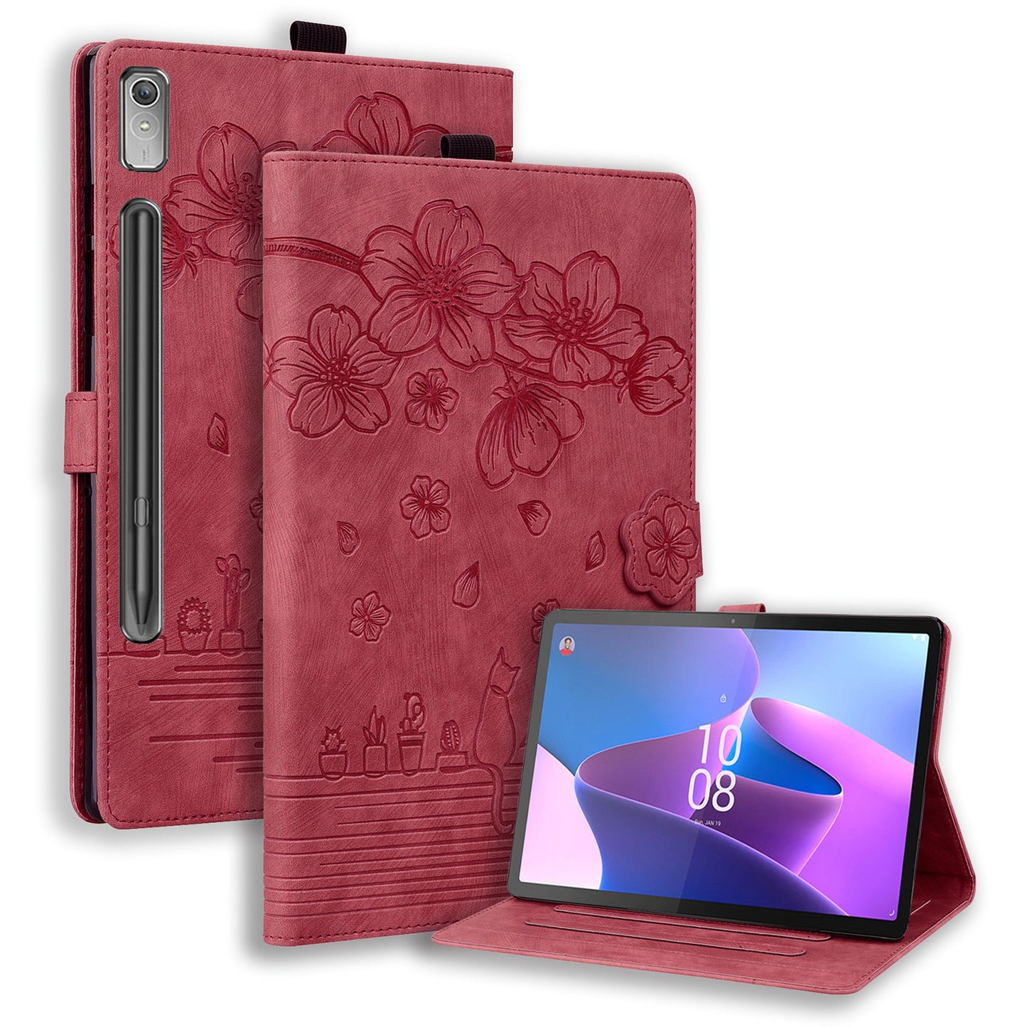 Cat Cherry Blossoms Lenovo Tab P11 Plus (2023) Grils Case Retro Leather Embossing