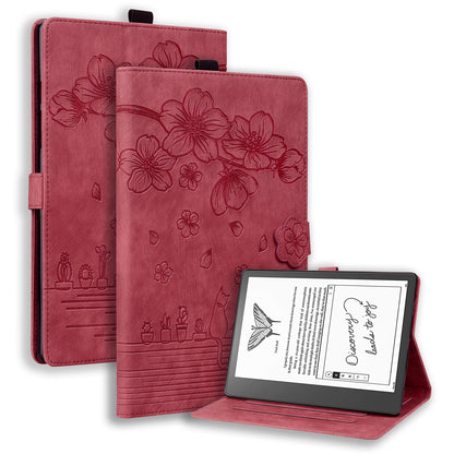 Cat Cherry Blossoms Kindle Scribe Grils Case Retro Leather Embossing Wallet Stand