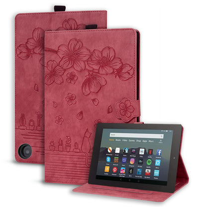 Cat Cherry Blossoms Kindle Fire HD10 (2021) Grils Case Retro Leather Embossing