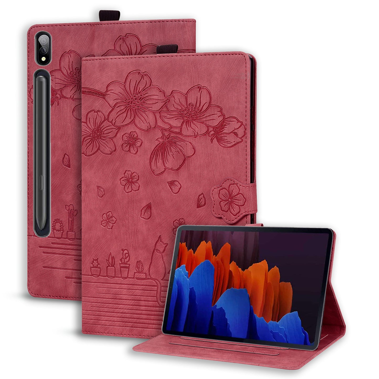 Cat Cherry Blossoms Galaxy Tab S9 Ultra Grils Case Retro Leather Embossing Wallet Stand