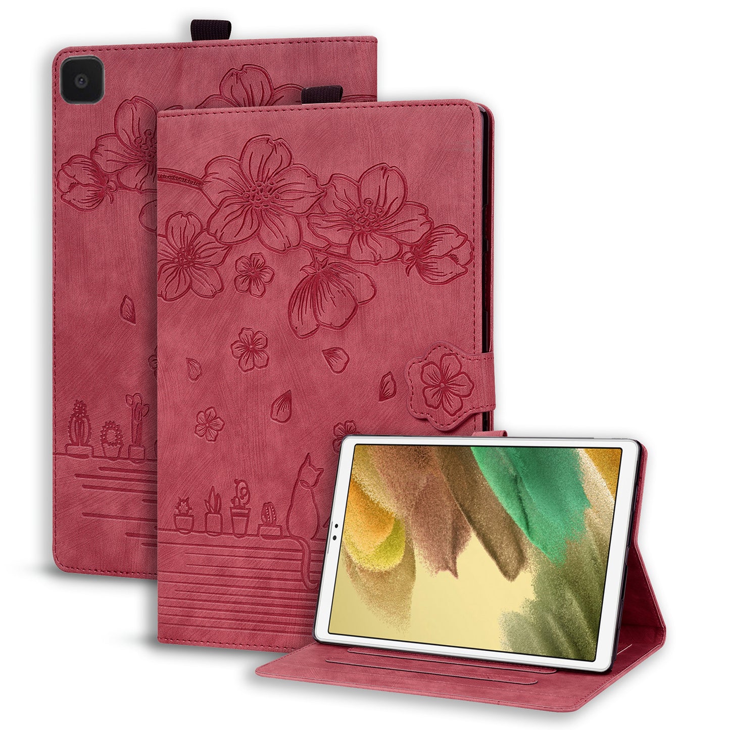 Cat Cherry Blossoms Galaxy Tab A8 Grils Case Retro Leather Embossing Wallet Stand