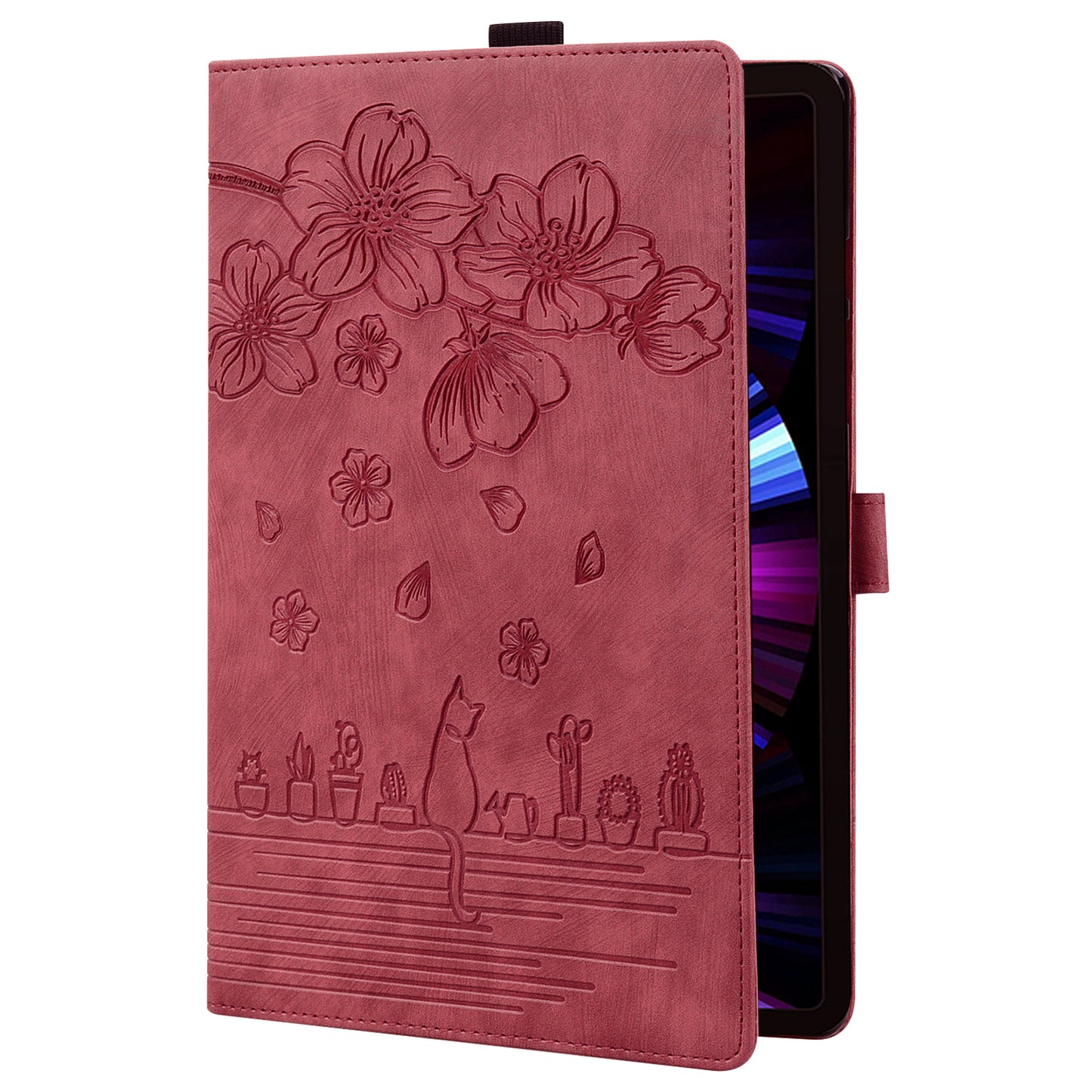 Cat Cherry Blossoms Galaxy Tab S7 Grils Case Retro Leather Embossing Wallet Stand