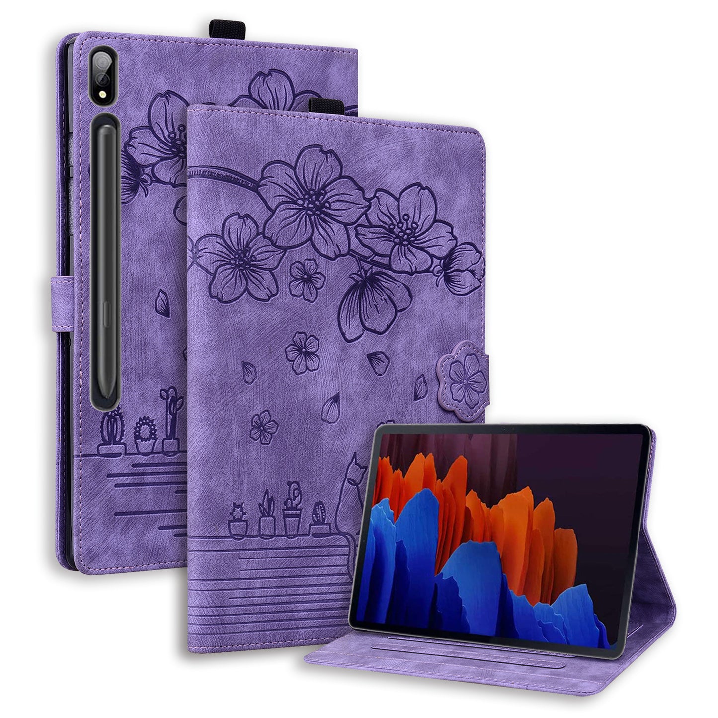 Cat Cherry Blossoms Galaxy Tab S8 Grils Case Retro Leather Embossing Wallet Stand