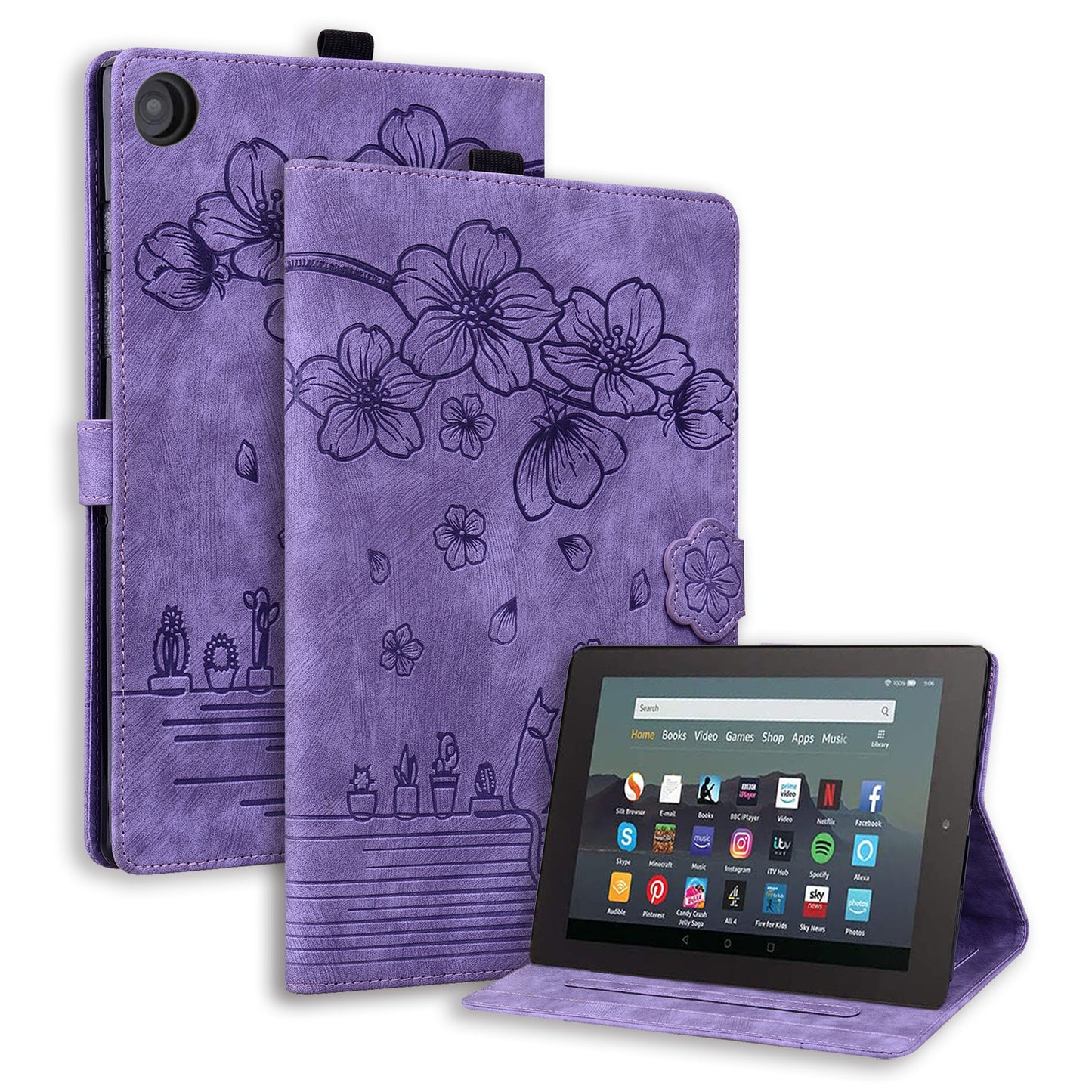 Cat Cherry Blossoms Kindle Fire HD8 (2015) Case Retro Leather Embossing Wallet Stand