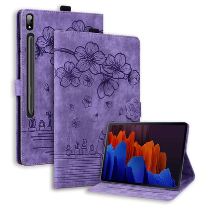 Cat Cherry Blossoms Galaxy Tab S9 Grils Case Retro Leather Embossing Wallet Stand