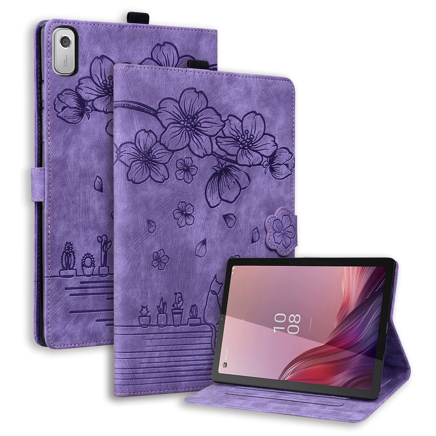 Cat Cherry Blossoms Lenovo Tab M9 (2022) Grils Case Retro Leather Embossing