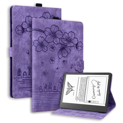 Cat Cherry Blossoms Kindle Scribe Grils Case Retro Leather Embossing Wallet Stand