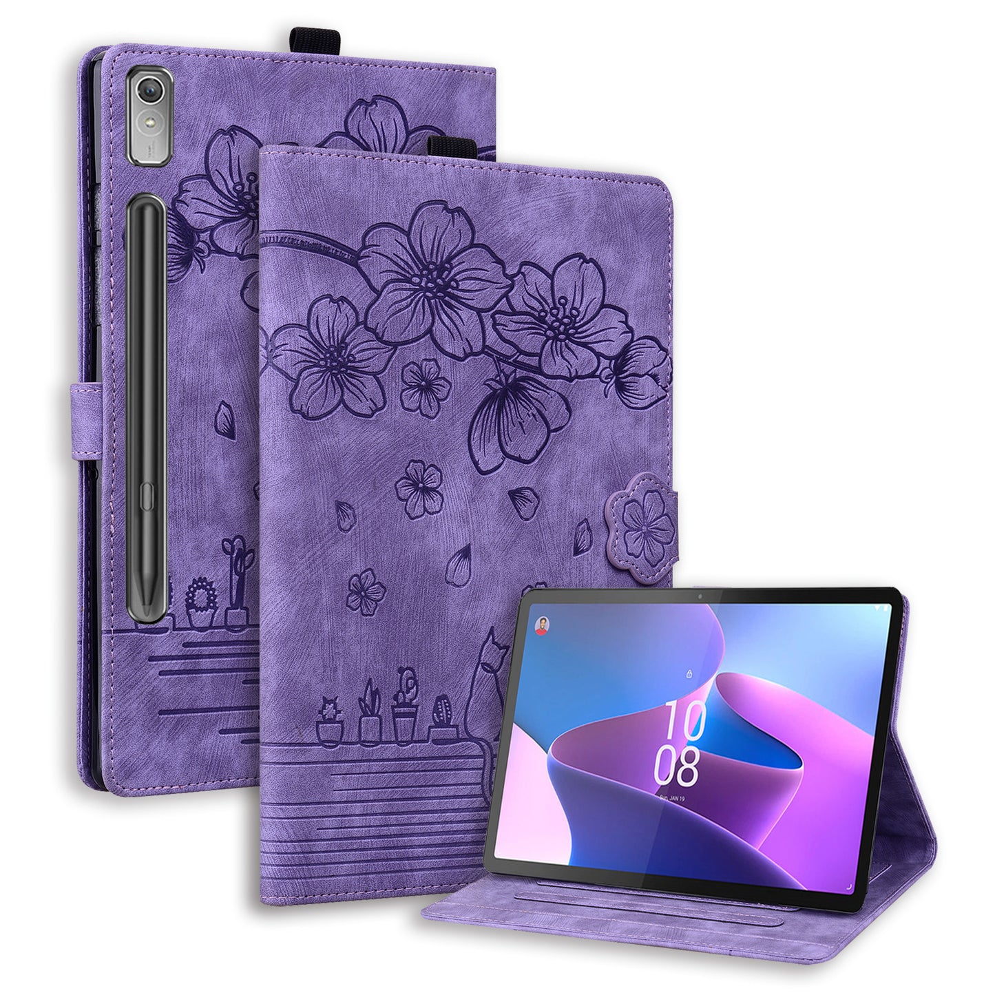 Cat Cherry Blossoms Lenovo Tab P11 Plus (2023) Grils Case Retro Leather Embossing