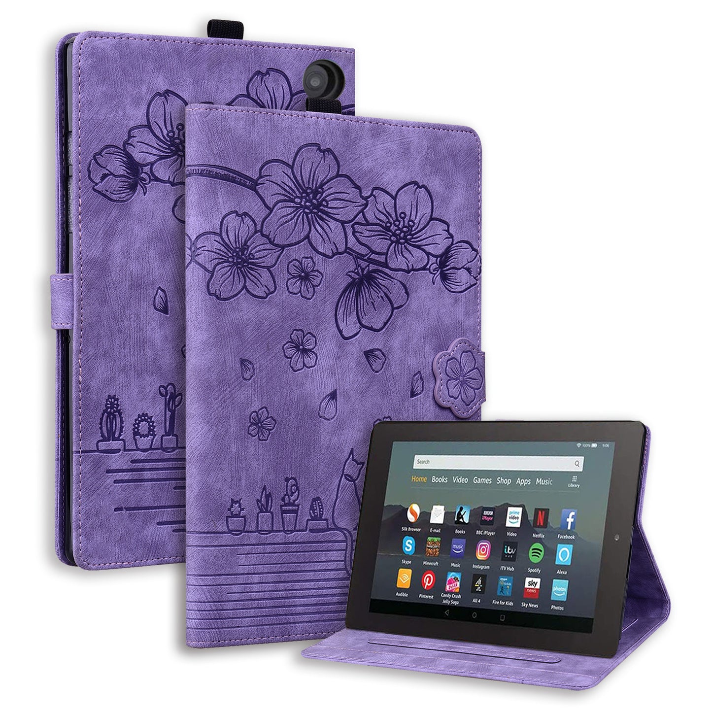 Cat Cherry Blossoms Kindle Fire HD8 (2022) Case Retro Leather Embossing Wallet Stand