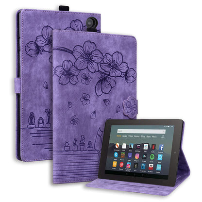 Cat Cherry Blossoms Kindle Fire HD8 (2020) Case Retro Leather Embossing Wallet Stand