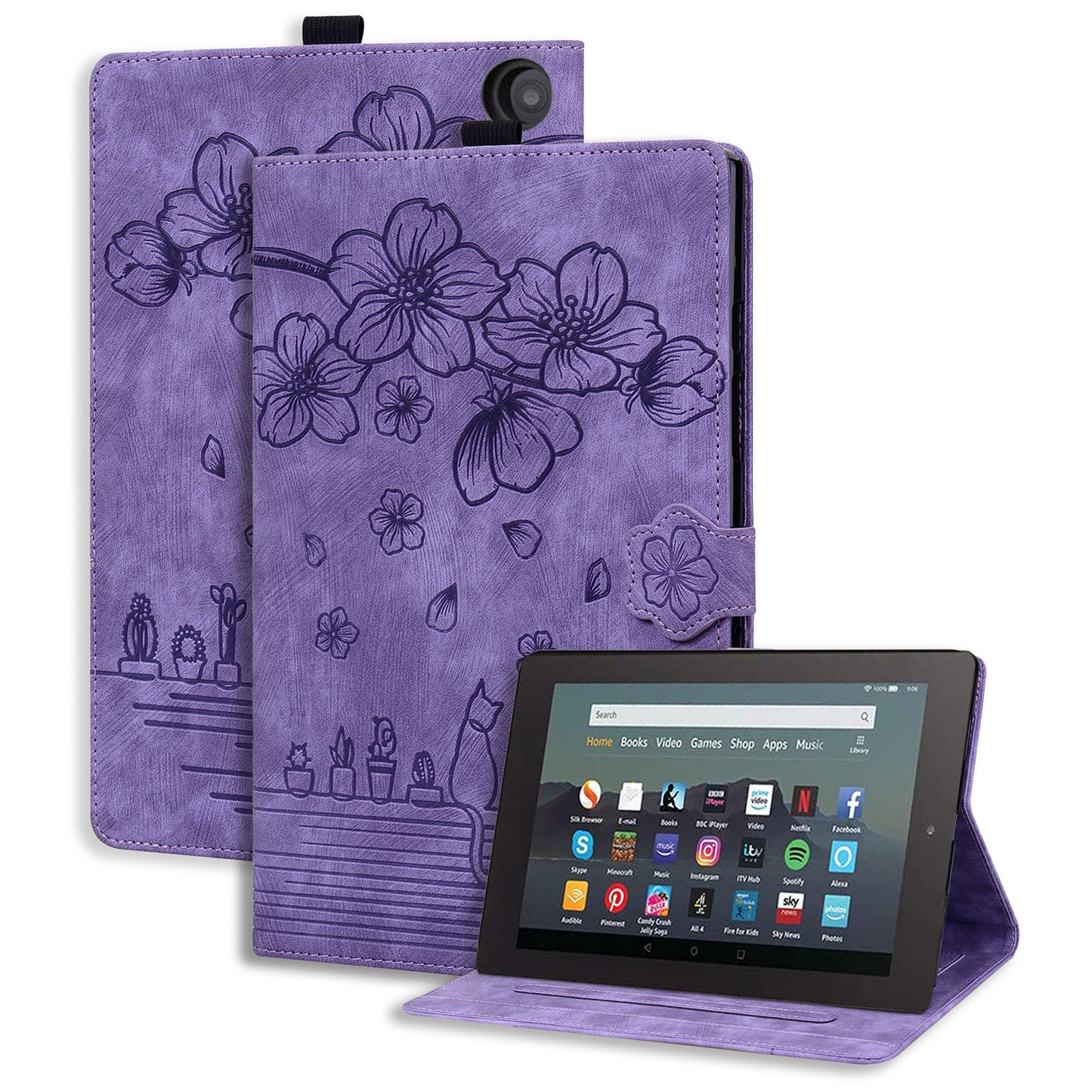 Cat Cherry Blossoms Kindle Fire HD8 Plus (2022) Case Retro Leather Embossing Wallet Stand