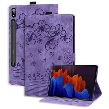 Cat Cherry Blossoms Galaxy Tab S9 Ultra Grils Case Retro Leather Embossing Wallet Stand