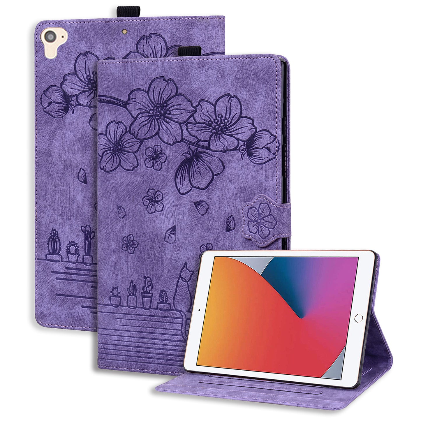 Cat Cherry Blossoms iPad 6 Grils Case Retro Leather Embossing Wallet Stand