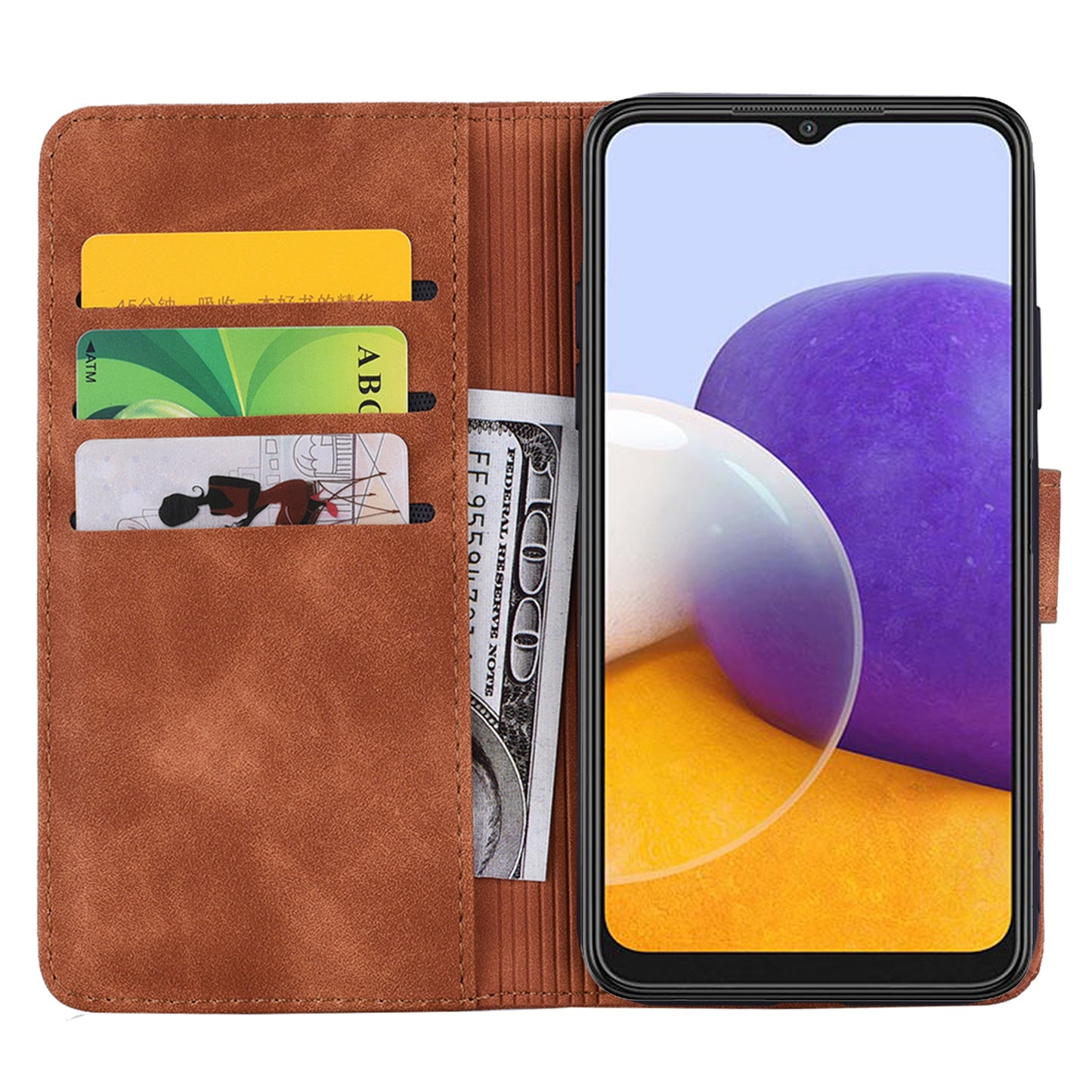 Double Hem Galaxy A22 Leather Case Embossing Sunflower Wallet Foldable Stand