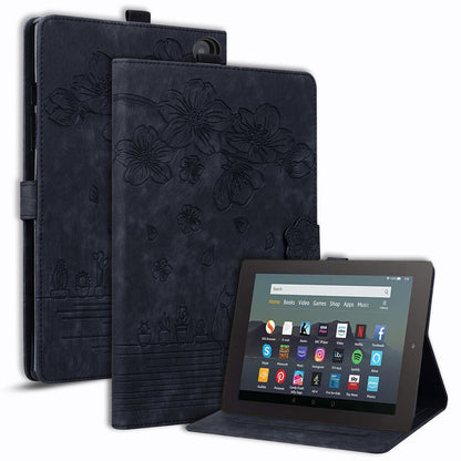 Cat Cherry Blossoms Kindle Fire HD8 (2020) Case Retro Leather Embossing Wallet Stand