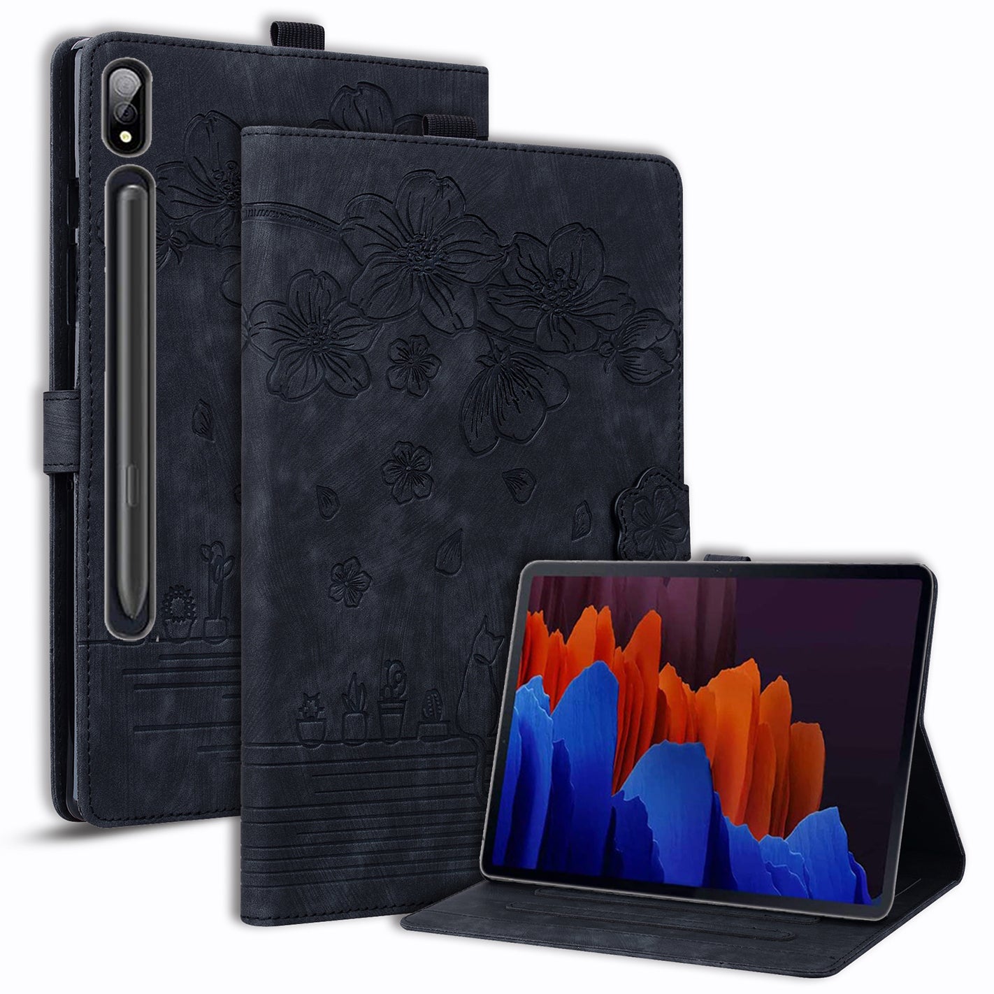 Cat Cherry Blossoms Galaxy Tab S9+ Grils Case Retro Leather Embossing Wallet Stand