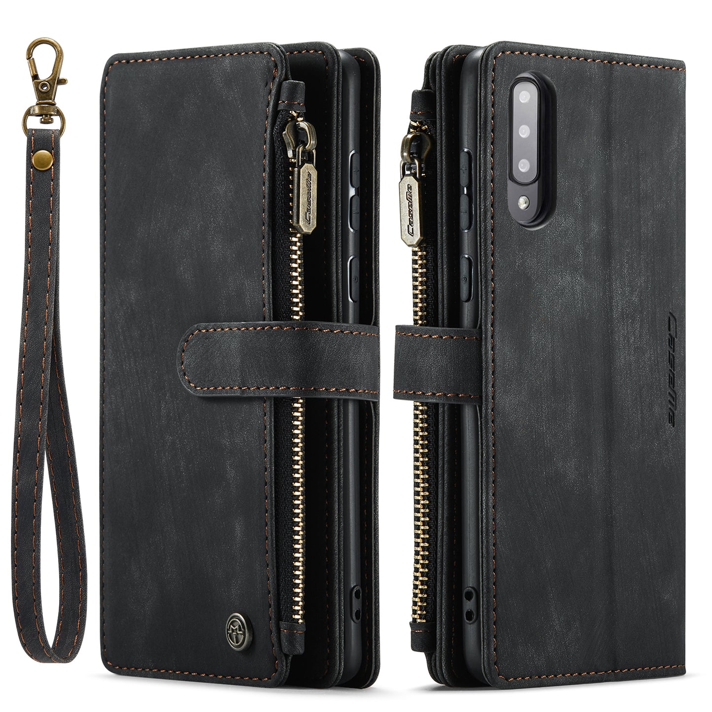Multi-card Zipper Galaxy A30s Leather Case Double Fold Stand with Hand Strap