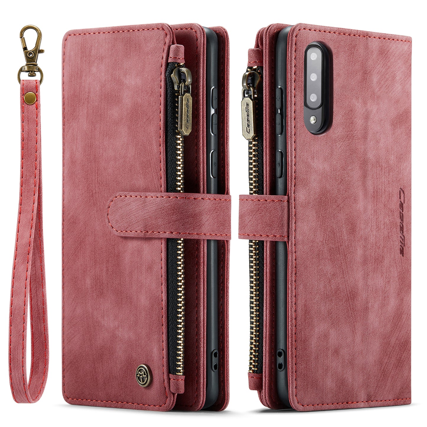 Multi-card Zipper Galaxy A30s Leather Case Double Fold Stand with Hand Strap