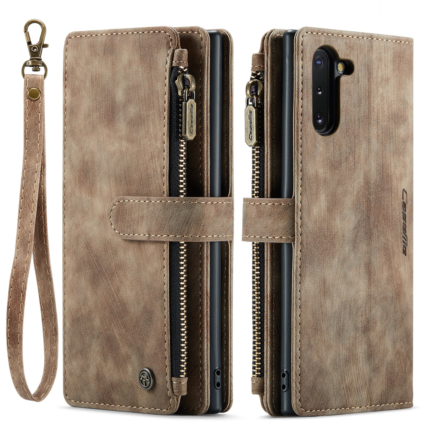 Multi-card Zipper Galaxy Note10 Leather Case Double Fold Stand with Hand Strap