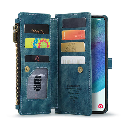 Multi-card Zipper Galaxy S21 FE Leather Case Double Fold Stand with Hand Strap