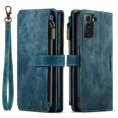 Multi-card Zipper Galaxy S21 FE Leather Case Double Fold Stand with Hand Strap