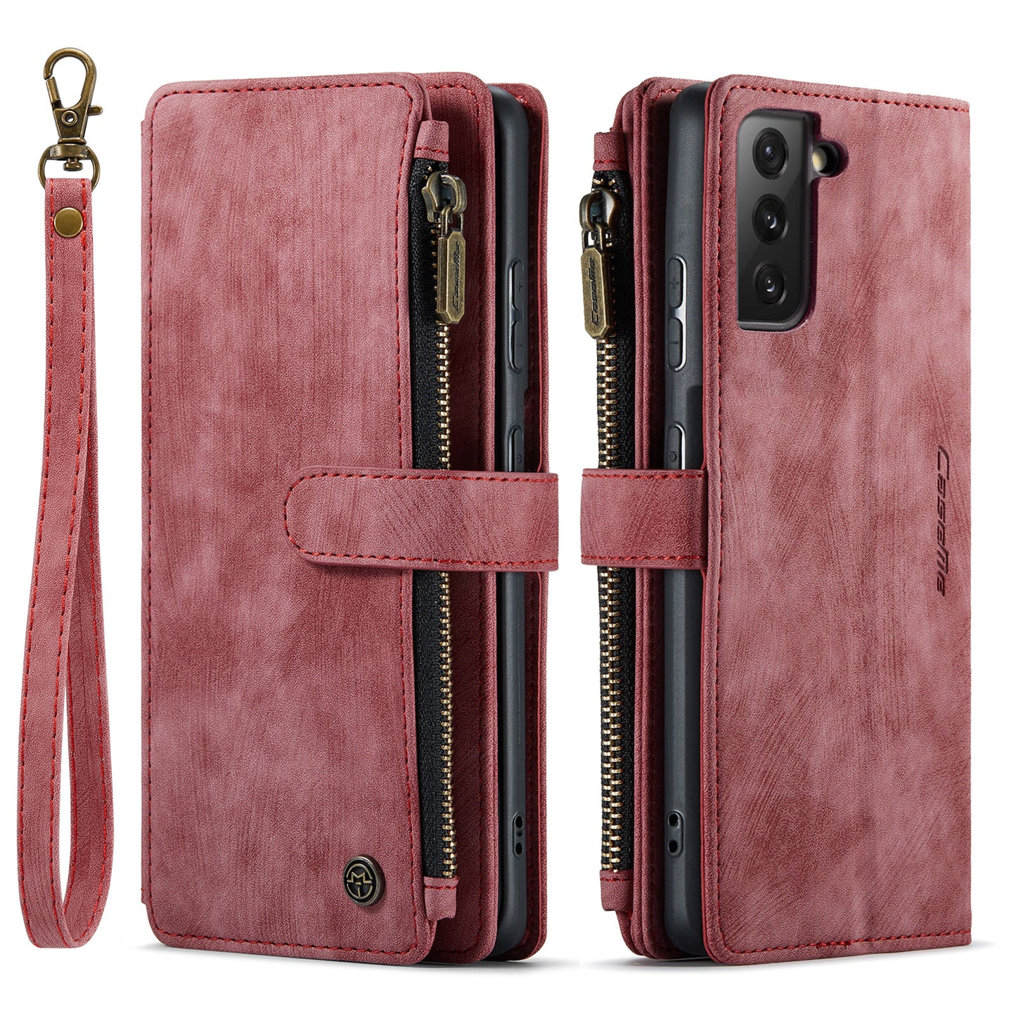 Multi-card Zipper Galaxy S21 FE Leather Case Double Fold Stand with Hand Strap