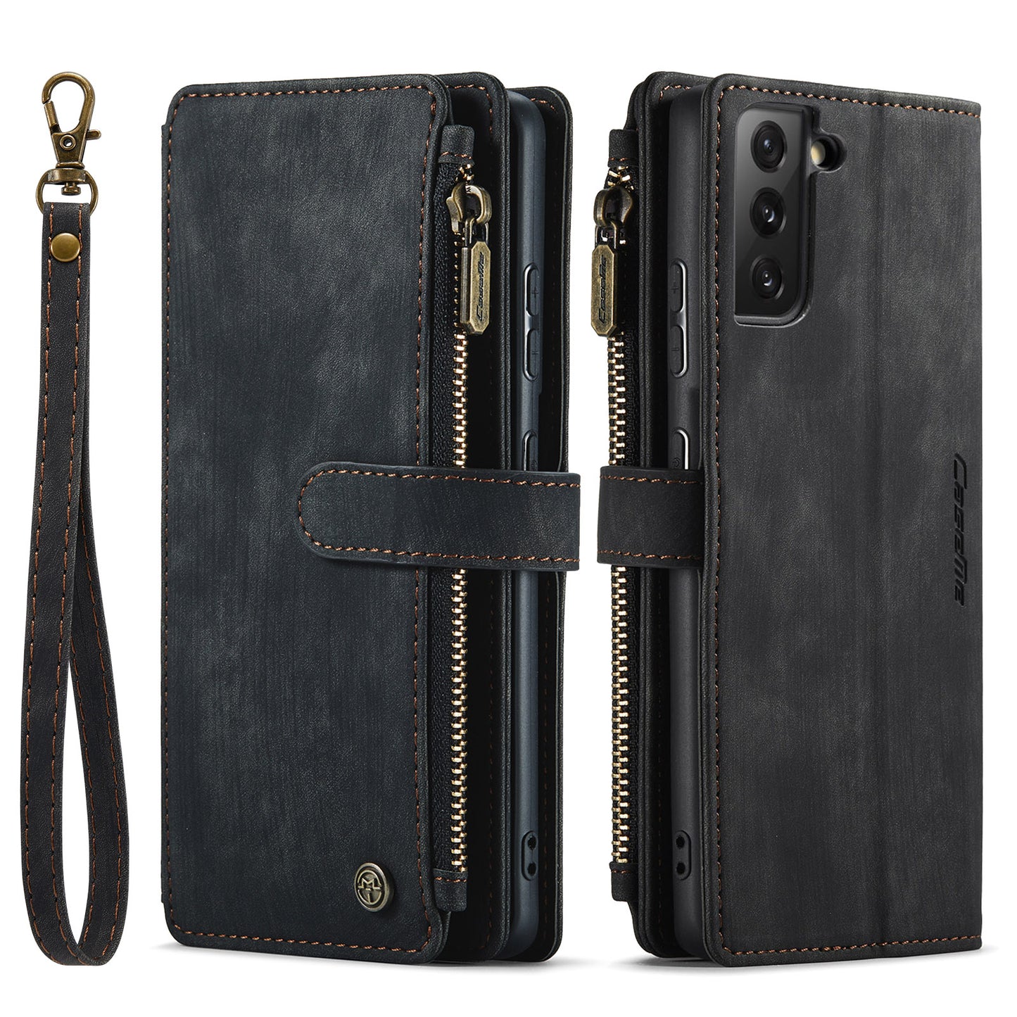 Multi-card Zipper Galaxy S21 FE Leather Case Double Fold Stand with Hand Strap