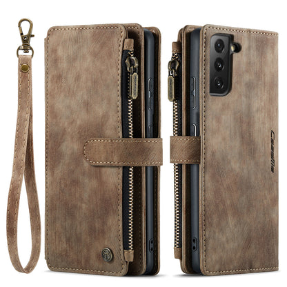 Multi-card Zipper Galaxy S21 FE Leather Case Double Fold Stand with Hand Strap