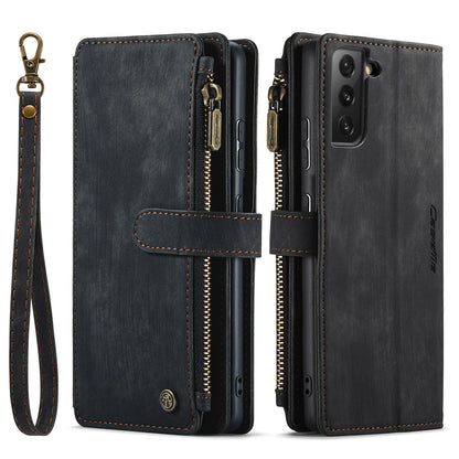 Multi-card Zipper Galaxy S21 Leather Case Double Fold Stand with Hand Strap