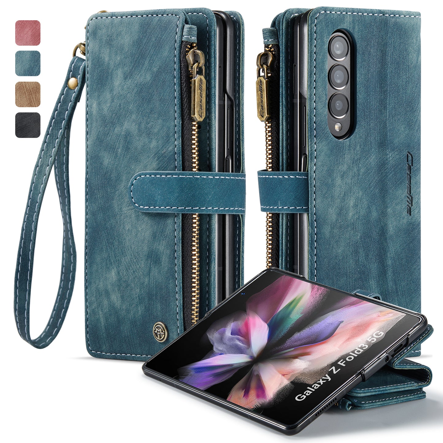 Multi-card Zipper Galaxy Z Fold3 Leather Case Double Fold Stand with Hand Strap