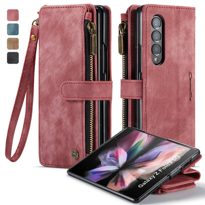 Multi-card Zipper Galaxy Z Fold3 Leather Case Double Fold Stand with Hand Strap