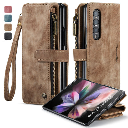 Multi-card Zipper Galaxy Z Fold3 Leather Case Double Fold Stand with Hand Strap