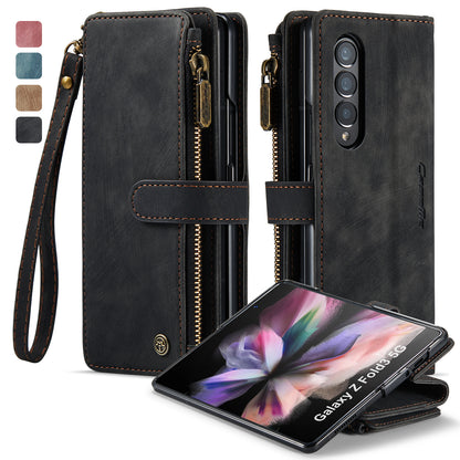 Multi-card Zipper Galaxy Z Fold3 Leather Case Double Fold Stand with Hand Strap