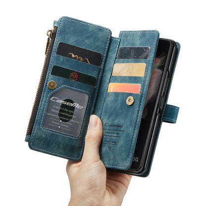 Multi-card Zipper Galaxy Z Fold3 Leather Case Double Fold Stand with Hand Strap