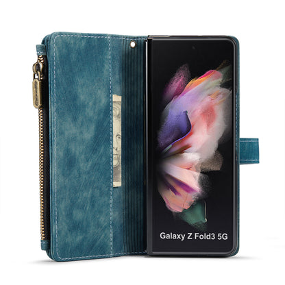 Multi-card Zipper Galaxy Z Fold3 Leather Case Double Fold Stand with Hand Strap