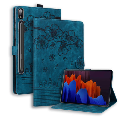 Cat Cherry Blossoms Galaxy Tab S8 Ultra Grils Case Retro Leather Embossing Wallet Stand