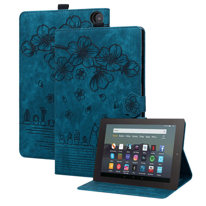 Cat Cherry Blossoms Kindle Fire HD8 (2022) Case Retro Leather Embossing Wallet Stand