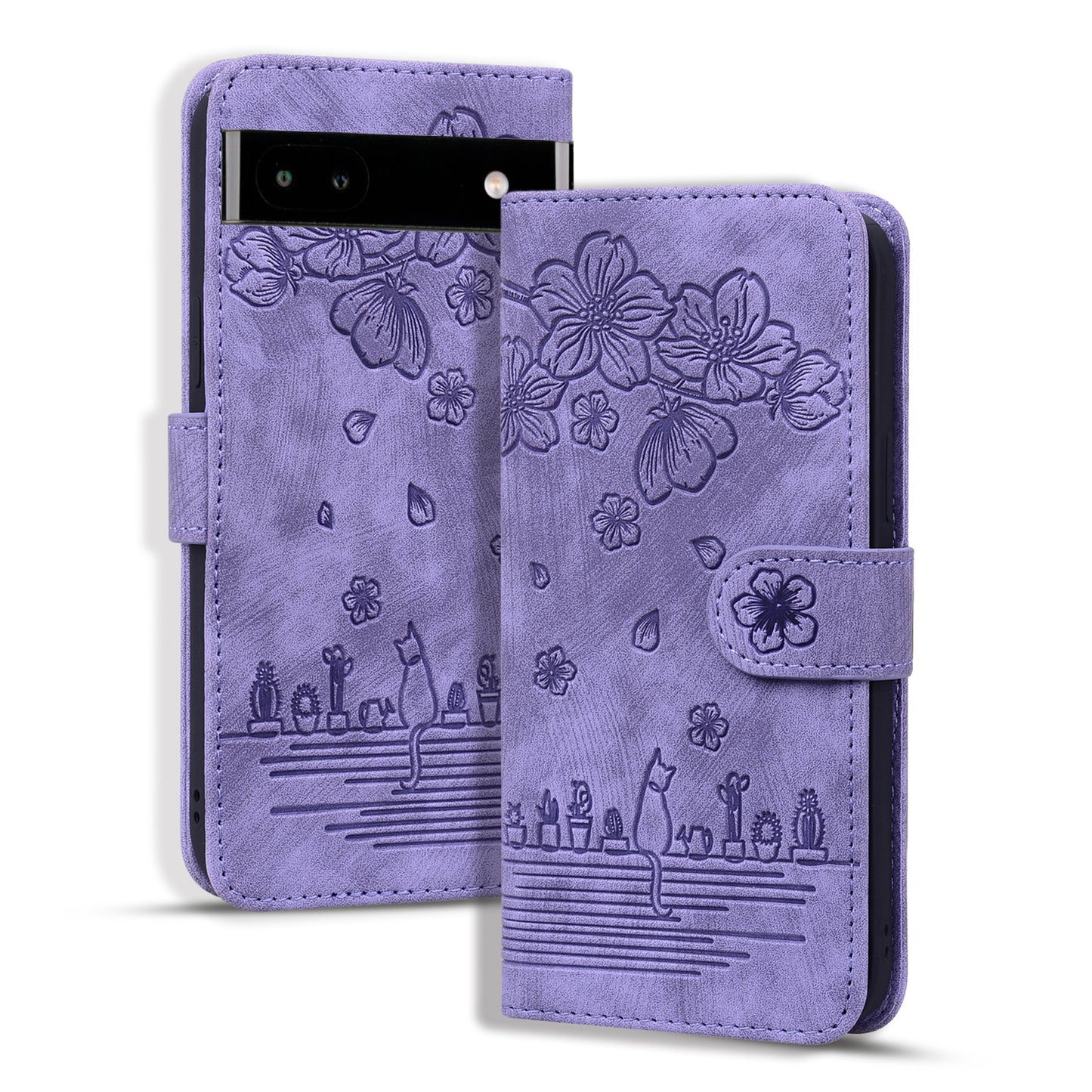 Cat Cherry Blossoms Google Pixel 7A Grils Case Retro Leather Embossing Wallet Stand