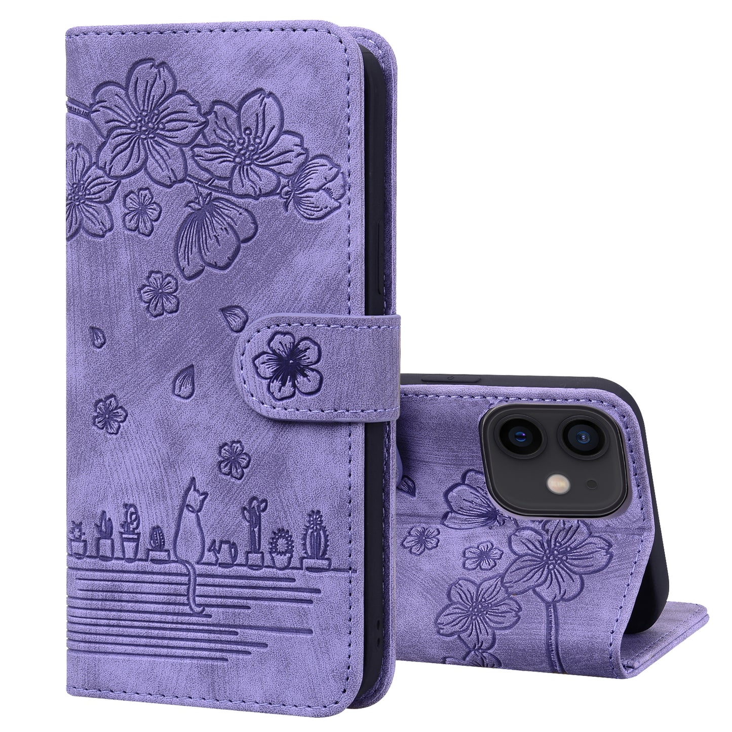 Cat Cherry Blossoms iPhone 12 Mini Grils Case Retro Leather Embossing Wallet Stand