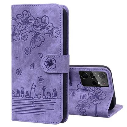 Cat Cherry Blossoms Galaxy S21 Ultra Grils Case Retro Leather Embossing Wallet Stand