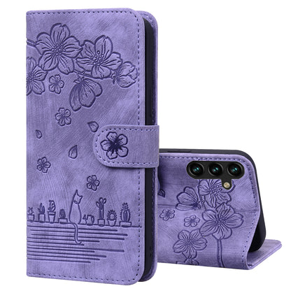 Cat Cherry Blossoms Galaxy A14 Grils Case Retro Leather Embossing Wallet Stand