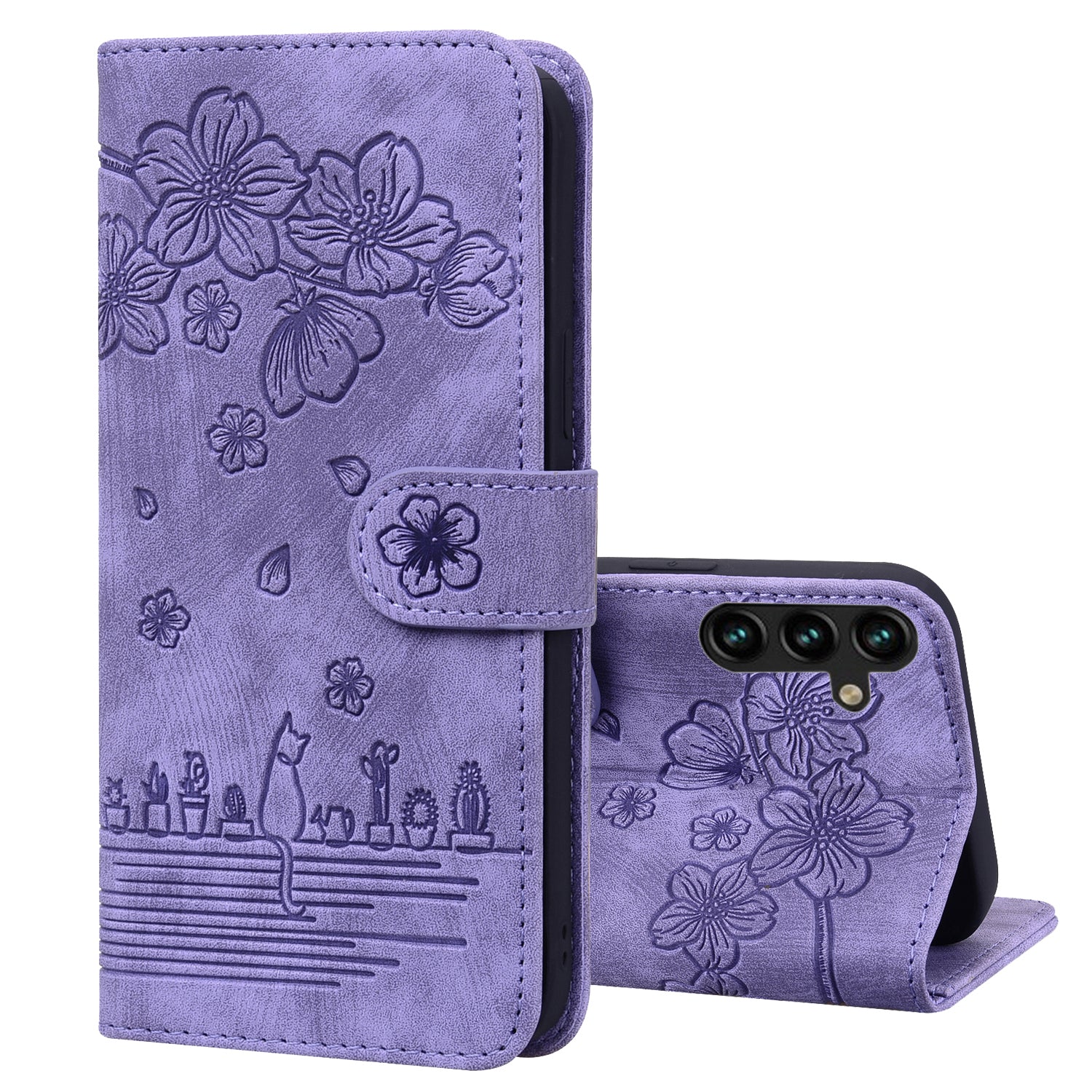 Cat Cherry Blossoms Galaxy S23+ Grils Case Retro Leather Embossing Wallet Stand