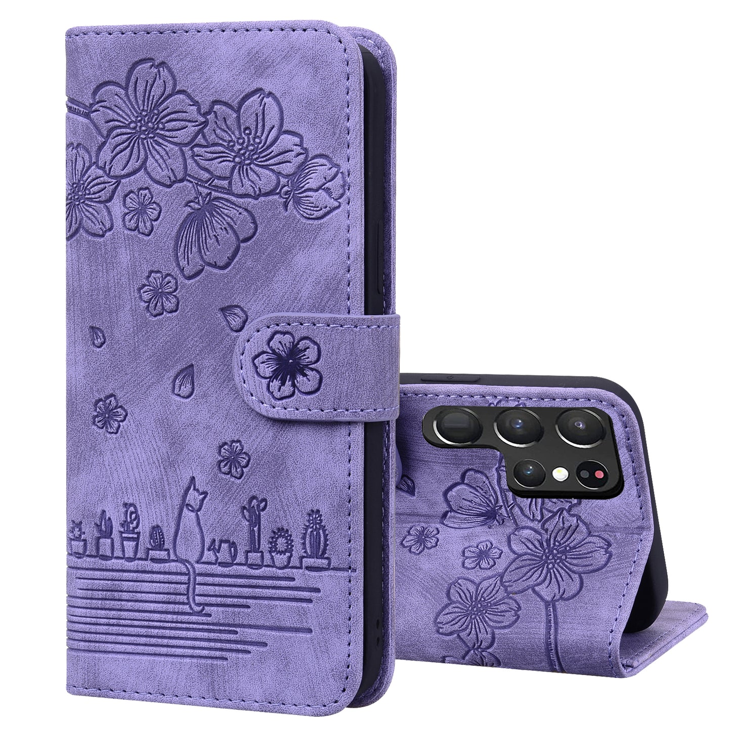 Cat Cherry Blossoms Galaxy S22 Ultra Grils Case Retro Leather Embossing Wallet Stand