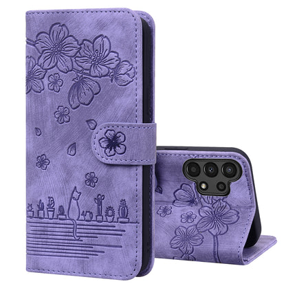 Cat Cherry Blossoms Galaxy A04 Grils Case Retro Leather Embossing Wallet Stand