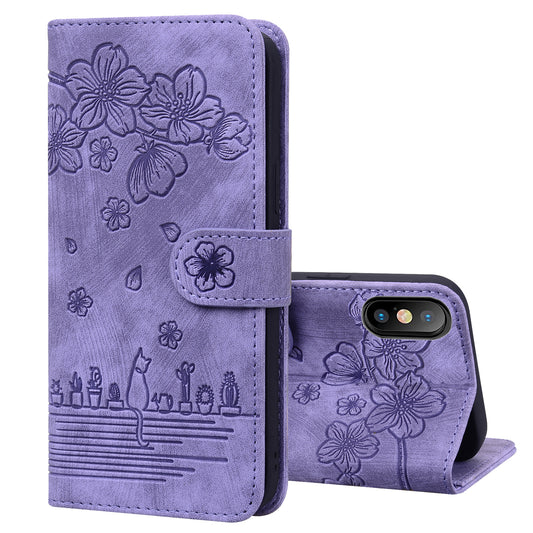 Cat Cherry Blossoms iPhone X Xs Grils Case Retro Leather Embossing Wallet Stand