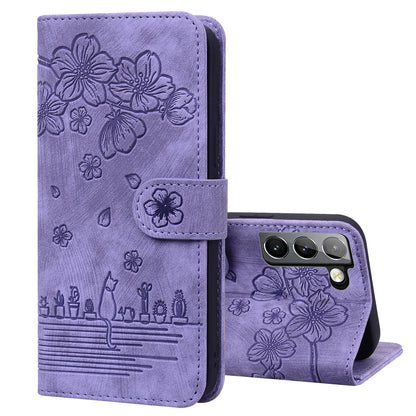 Cat Cherry Blossoms Galaxy S22+ Grils Case Retro Leather Embossing Wallet Stand