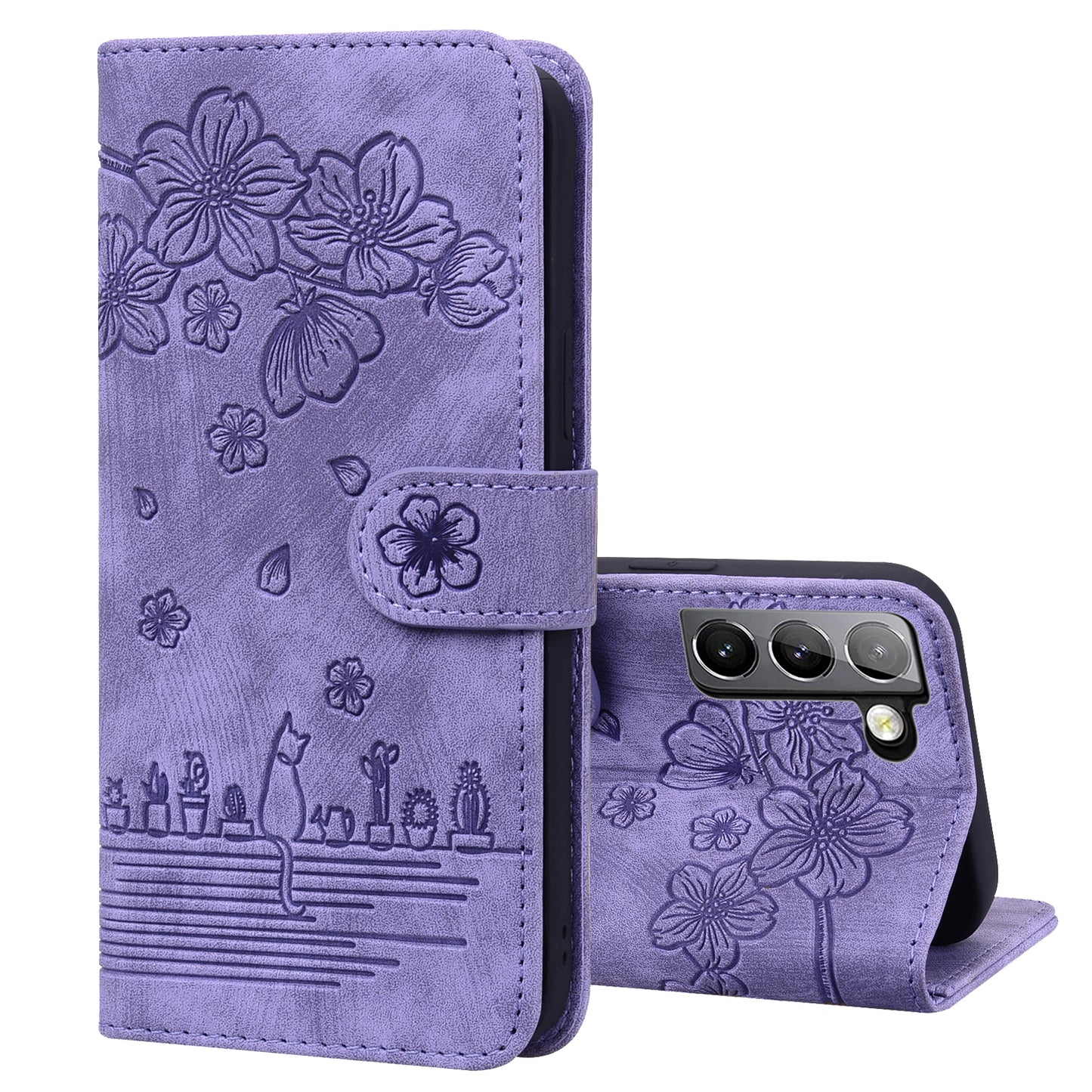 Cat Cherry Blossoms Galaxy S22 Grils Case Retro Leather Embossing Wallet Stand